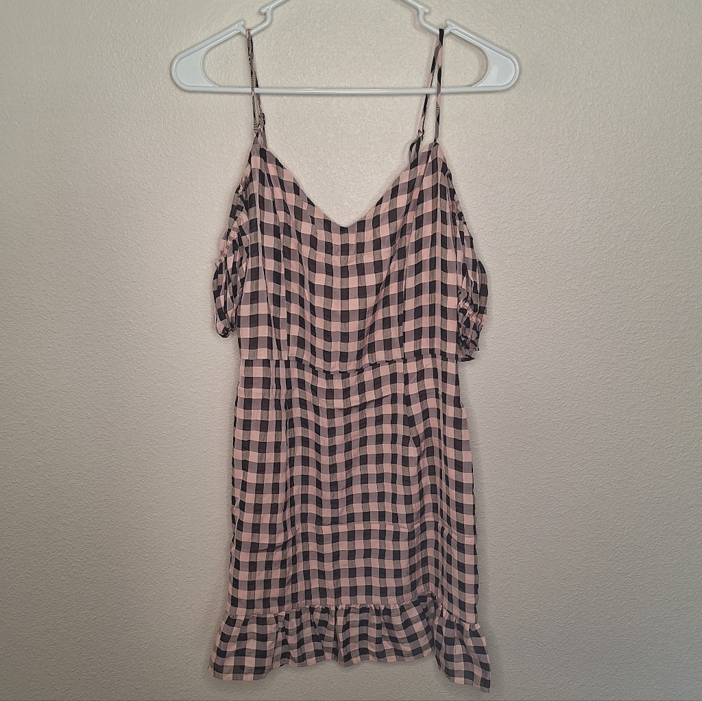 COSMOPOLITAN Cold Shoulder Pink and Black Checkered Mini Dress with Puff Sleeves